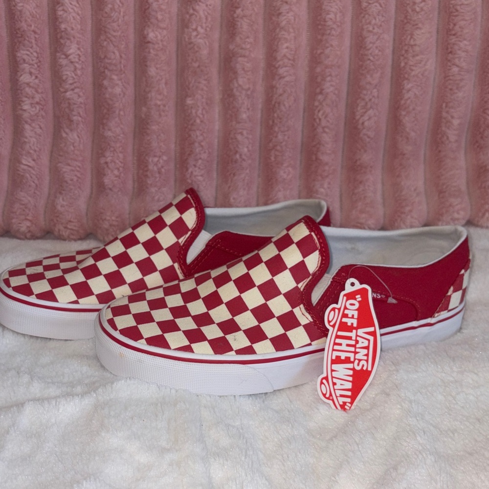 Vans Red and White Checkered Slip-On Sneakers